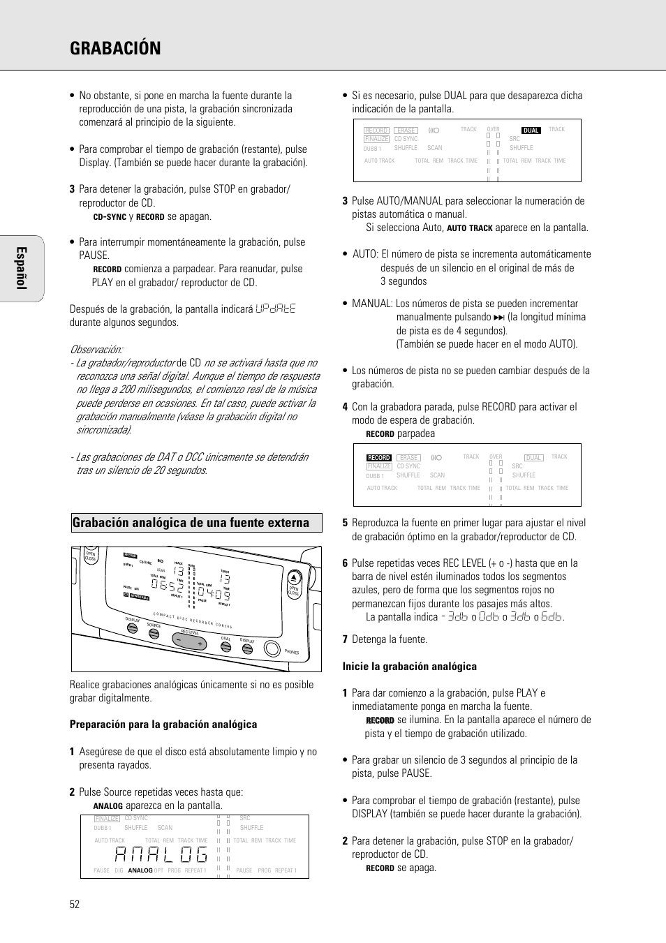 Grabación, Grabación analógica de una fuente externa español, Se apaga | Philips 765 User Manual | Page 54 / 60