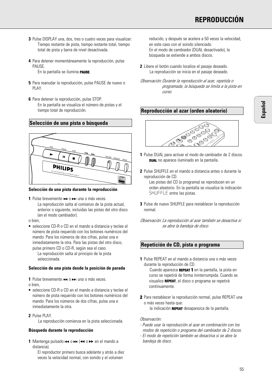 Reproducción, Español, Repetición de cd, pista o programa | Reproducción al azar (orden aleatorio), Selección de una pista o búsqueda | Philips 765 User Manual | Page 57 / 60