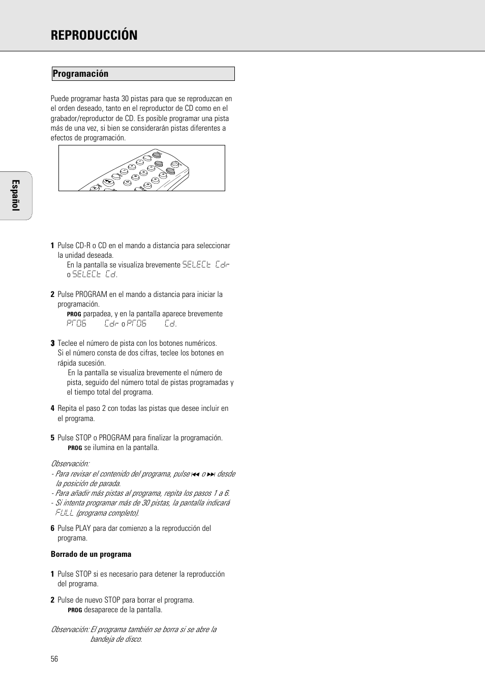 Reproducción, Español, Programación | Philips 765 User Manual | Page 58 / 60