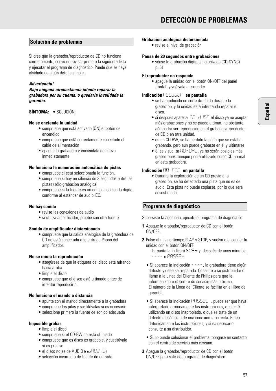 Detección de problemas | Philips 765 User Manual | Page 59 / 60