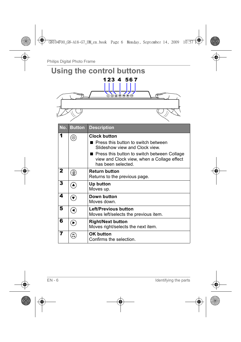 Using the control buttons | Philips SPF3410/G7 User Manual | Page 11 / 44