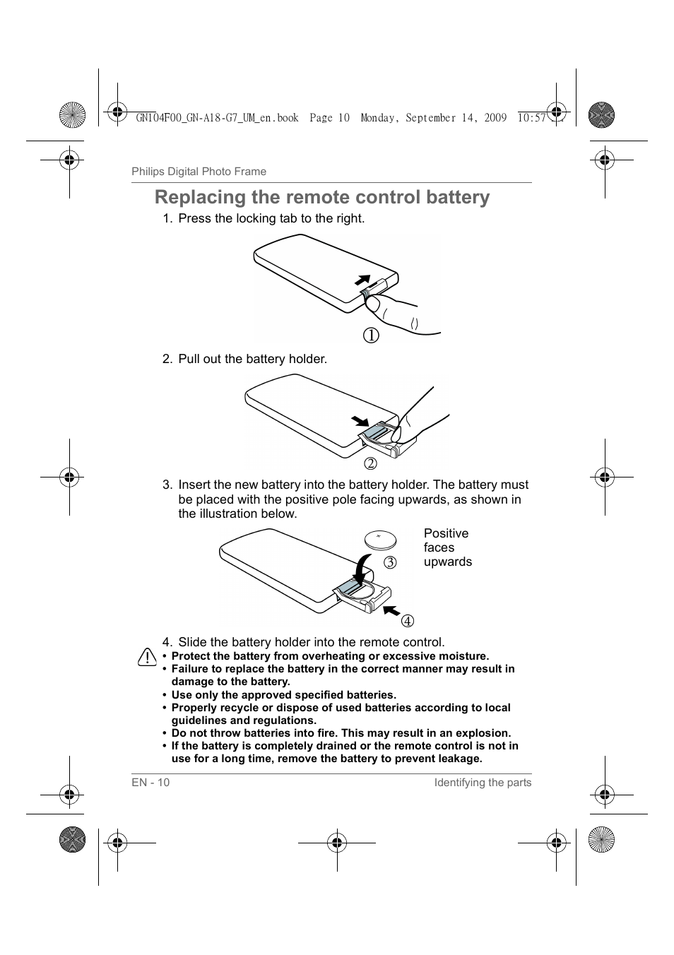 Replacing the remote control battery | Philips SPF3410/G7 User Manual | Page 15 / 44