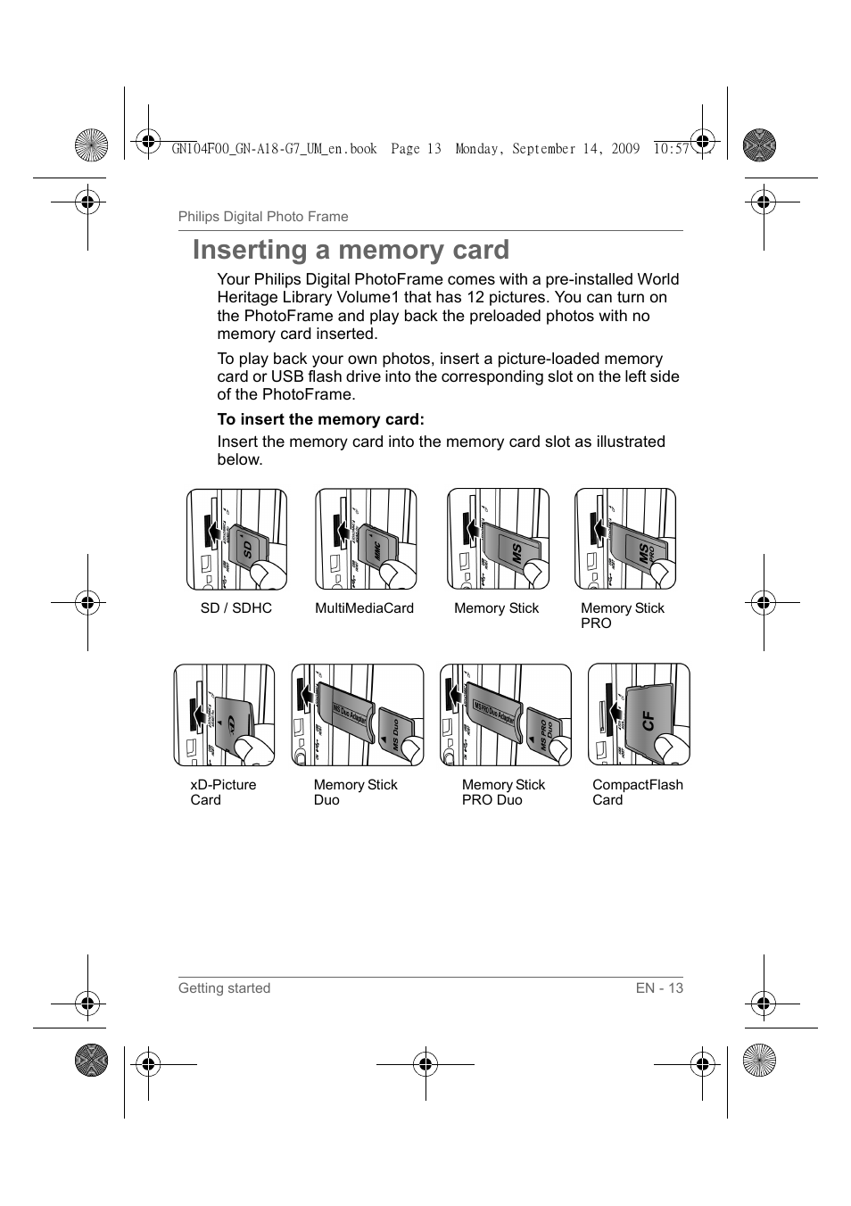 Inserting a memory card, Inserting a memory card" on | Philips SPF3410/G7 User Manual | Page 18 / 44