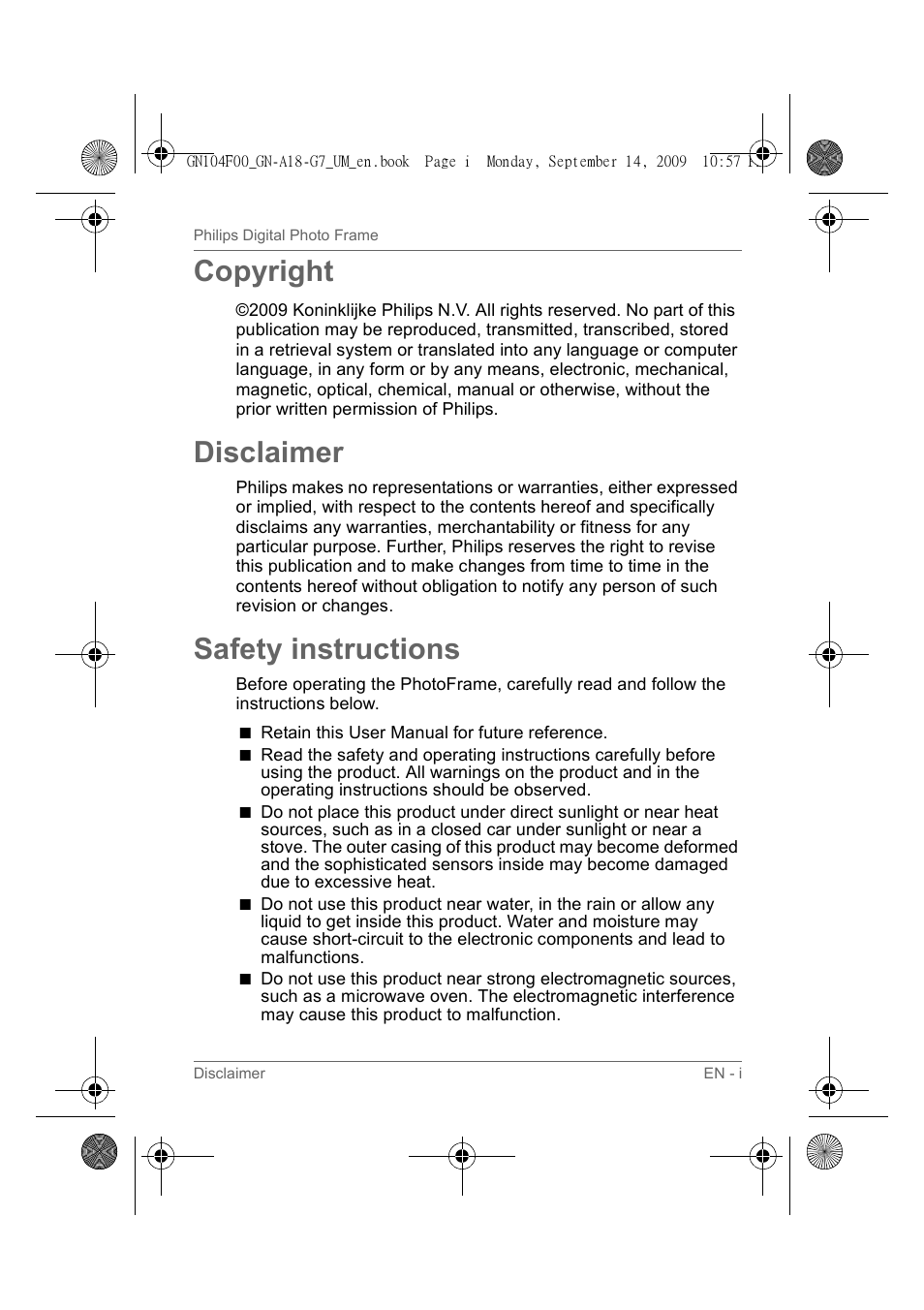 Copyright, Disclaimer, Safety instructions | Philips SPF3410/G7 User Manual | Page 2 / 44