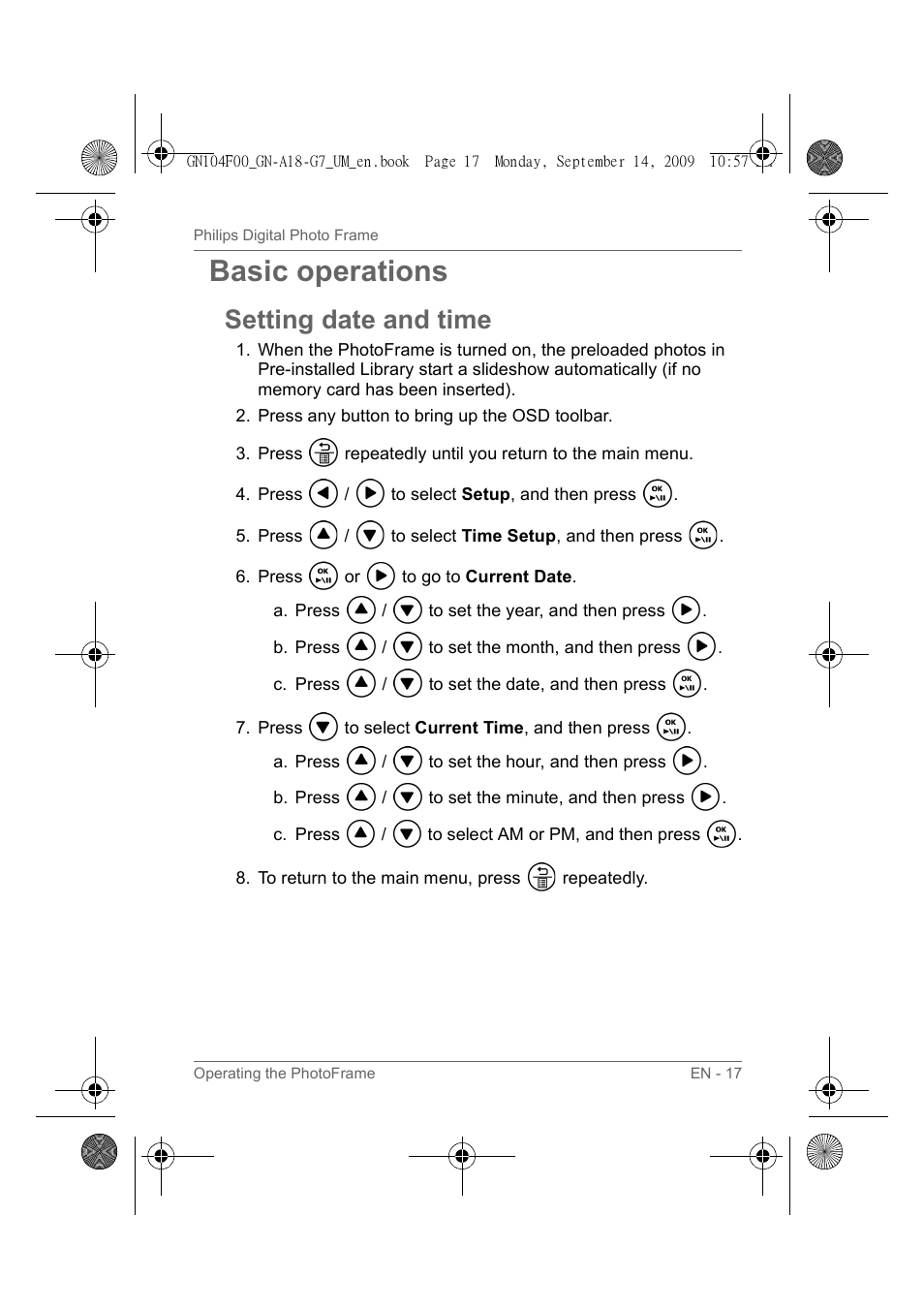 Basic operations, Setting date and time | Philips SPF3410/G7 User Manual | Page 22 / 44