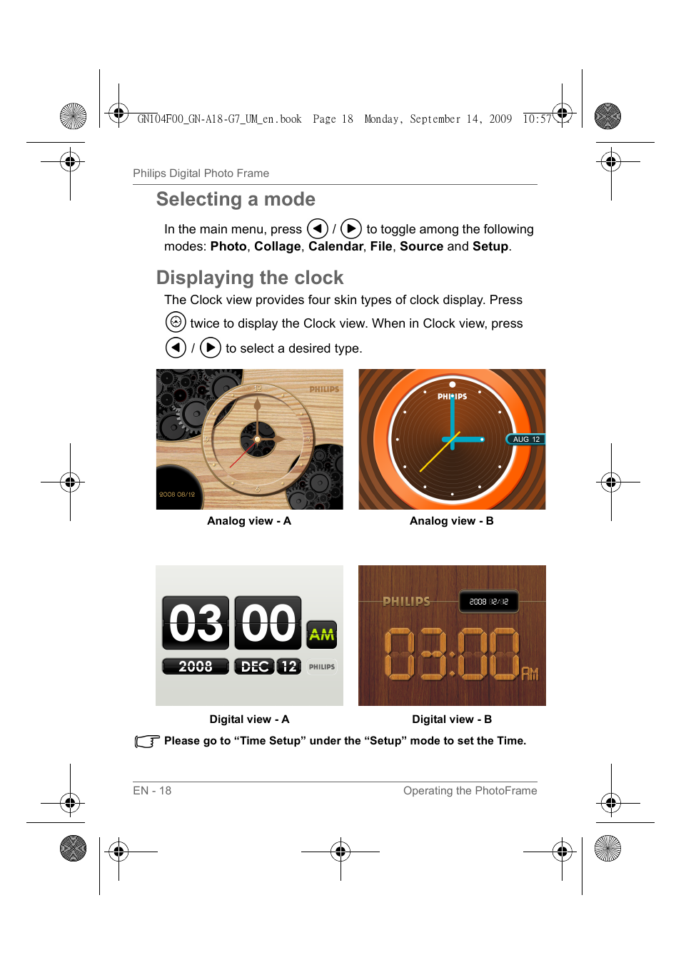 Selecting a mode, Displaying the clock, Selecting a mode displaying the clock | Philips SPF3410/G7 User Manual | Page 23 / 44