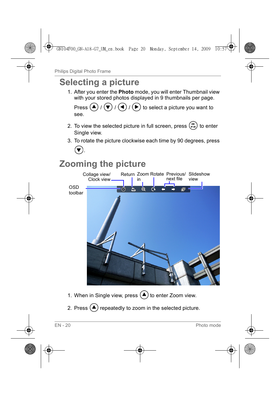 Selecting a picture, Zooming the picture, Selecting a picture zooming the picture | Philips SPF3410/G7 User Manual | Page 25 / 44