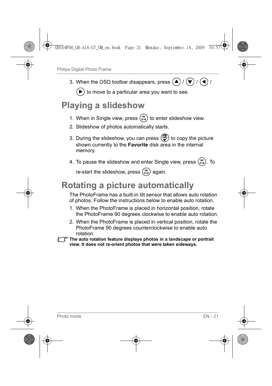 Playing a slideshow, Rotating a picture automatically | Philips SPF3410/G7 User Manual | Page 26 / 44