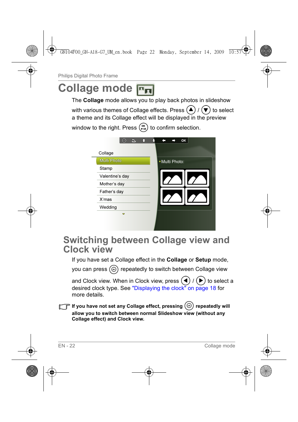 Collage mode, Switching between collage view and clock view, Switching between collage view and clock view" on | Philips SPF3410/G7 User Manual | Page 27 / 44