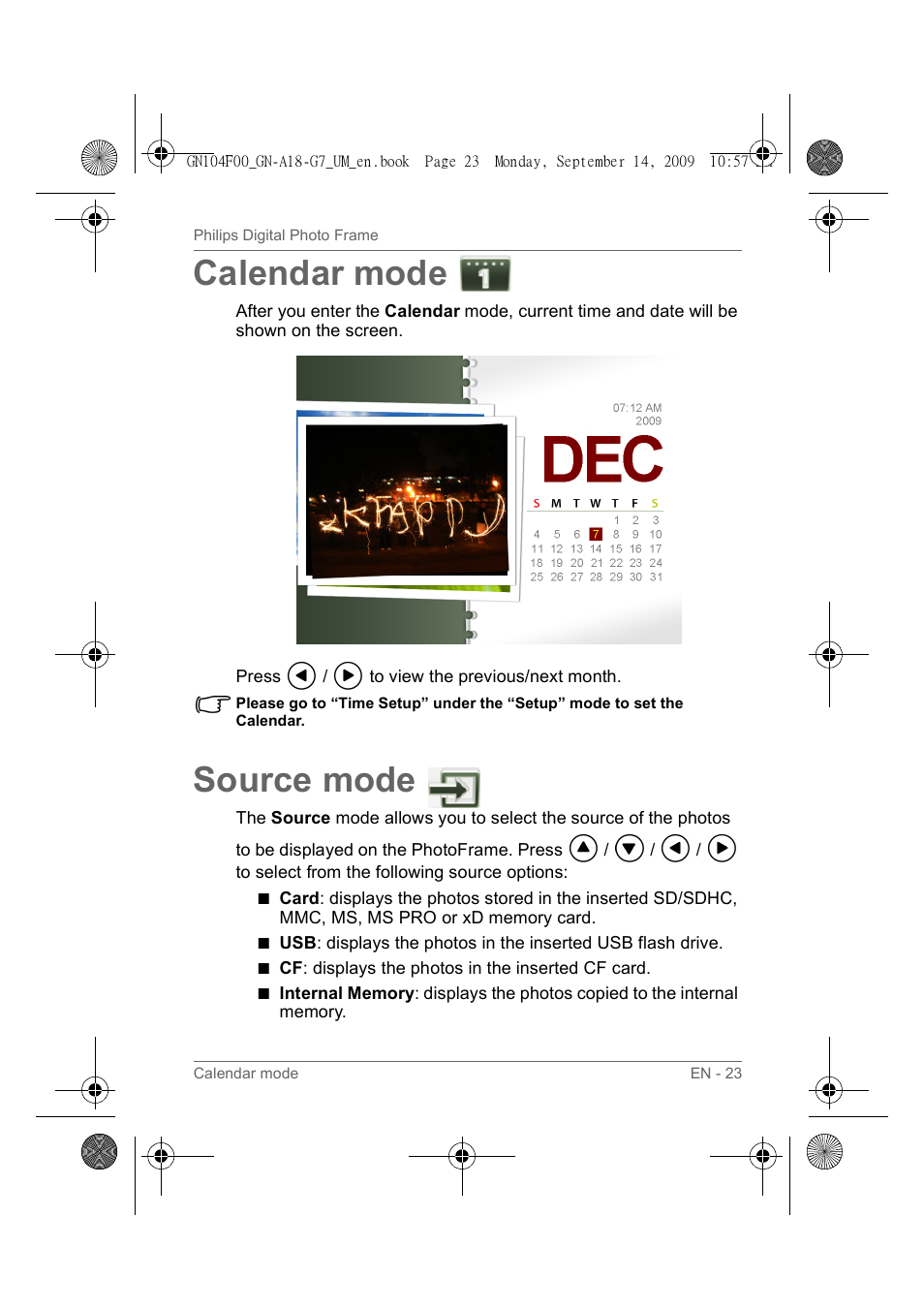 Calendar mode, Source mode, Source mode" on | Philips SPF3410/G7 User Manual | Page 28 / 44