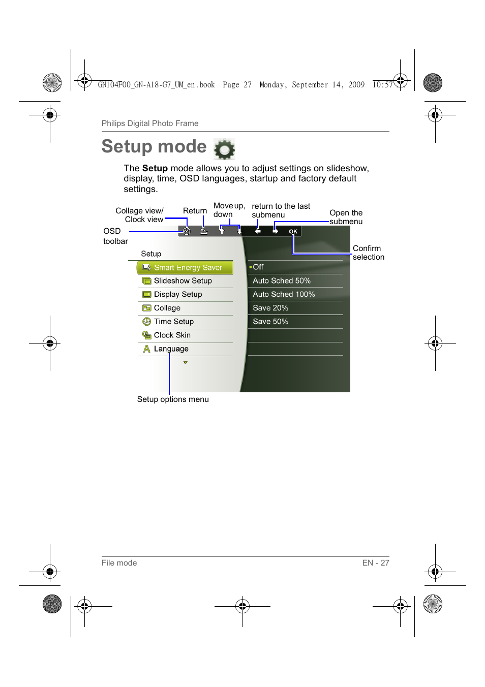 Setup mode | Philips SPF3410/G7 User Manual | Page 32 / 44