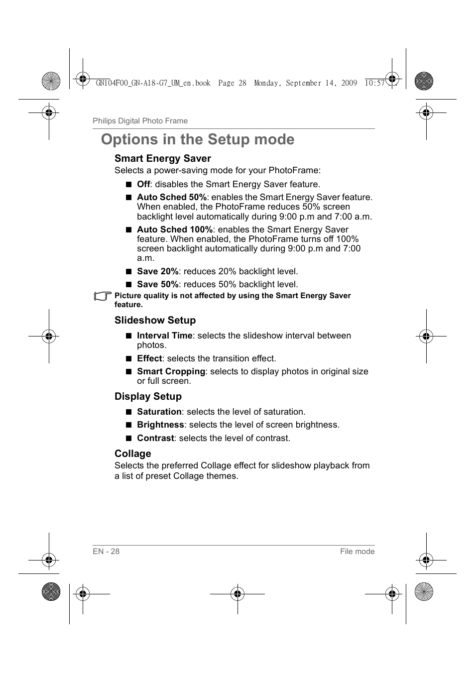 Options in the setup mode | Philips SPF3410/G7 User Manual | Page 33 / 44
