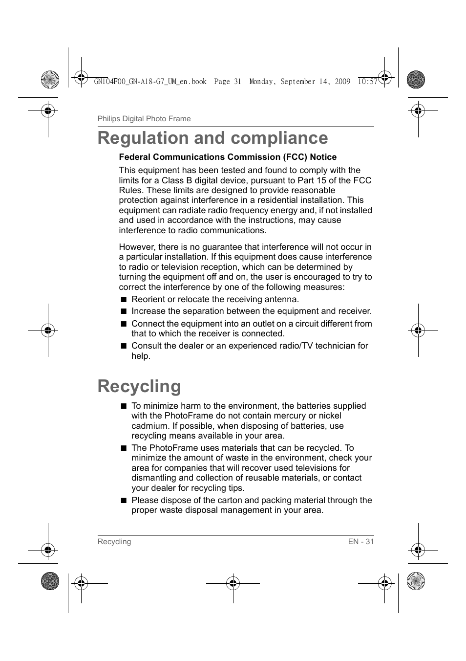 Regulation and compliance, Recycling | Philips SPF3410/G7 User Manual | Page 36 / 44