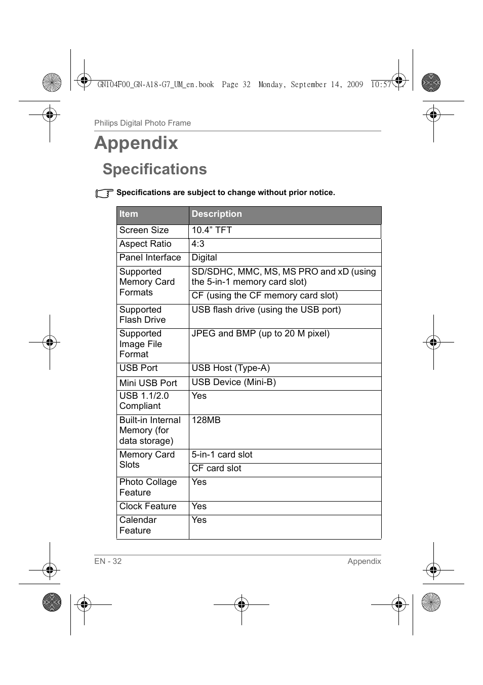 Appendix, Specifications | Philips SPF3410/G7 User Manual | Page 37 / 44