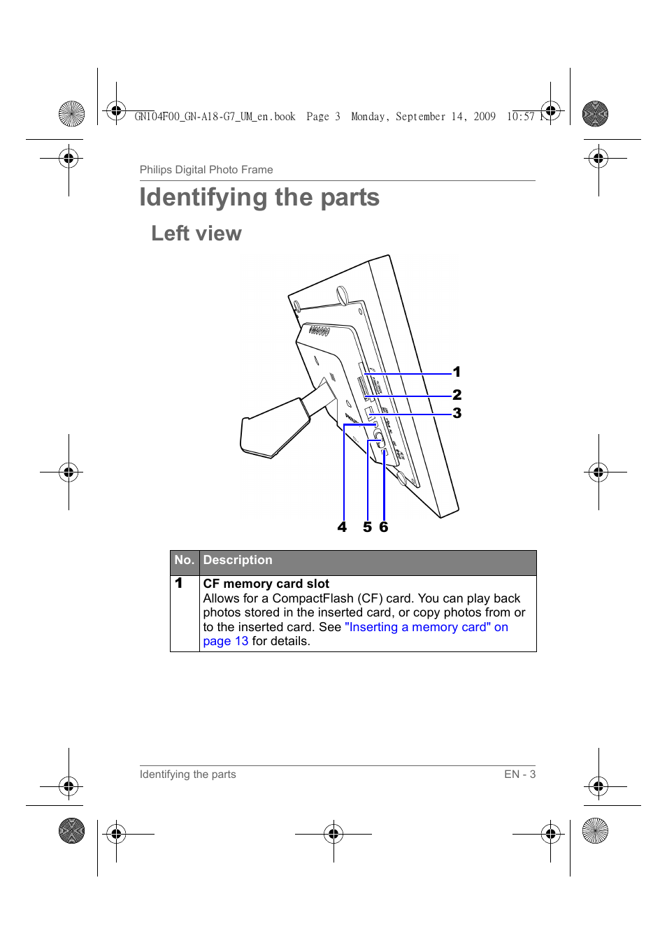 Identifying the parts, Left view | Philips SPF3410/G7 User Manual | Page 8 / 44