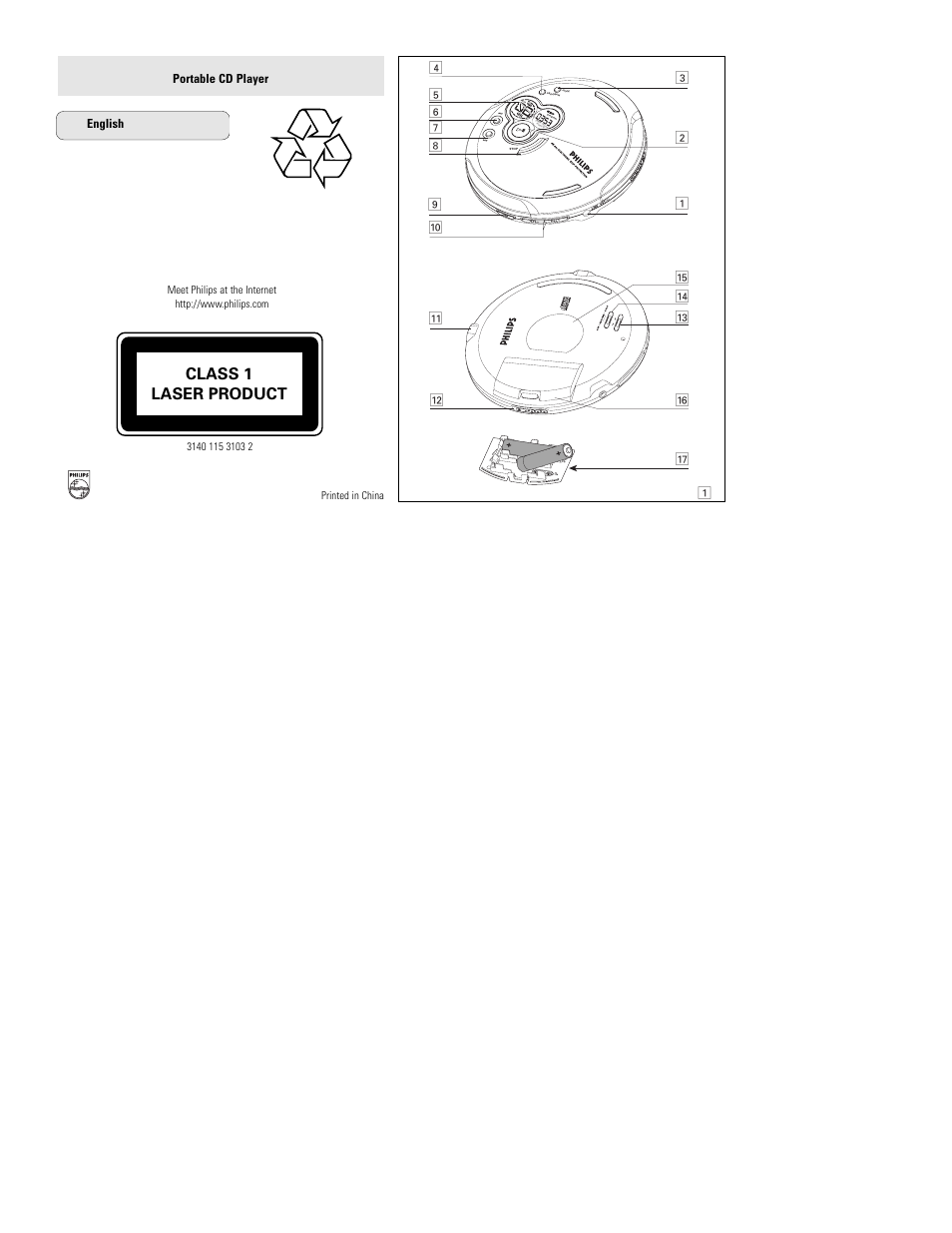 Class 1 laser product, Portable cd player english | Philips AX5305 User Manual | Page 2 / 10