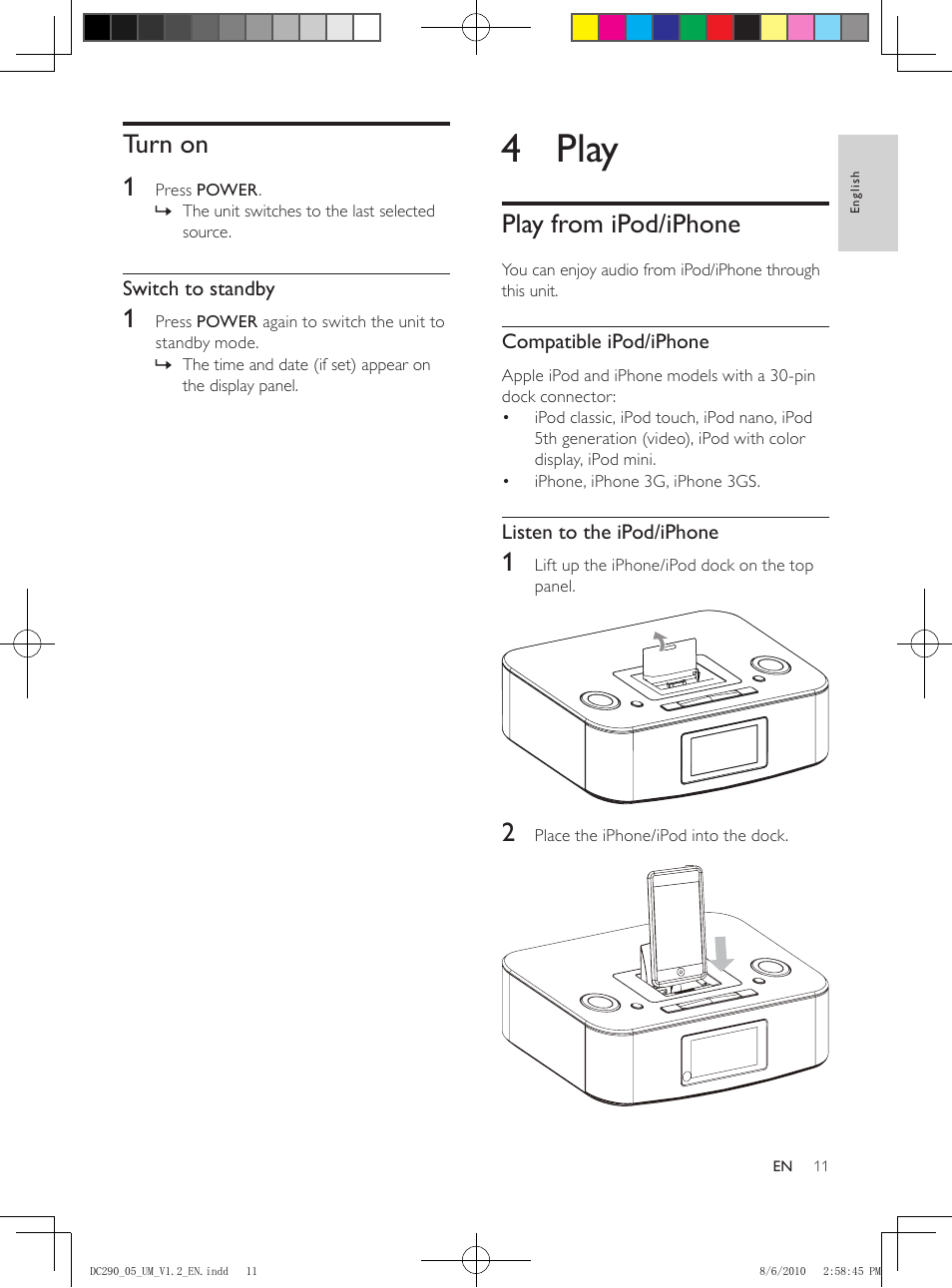 Turn on, 4 play, Play from ipod/iphone | Philips DC290/05 User Manual | Page 10 / 16