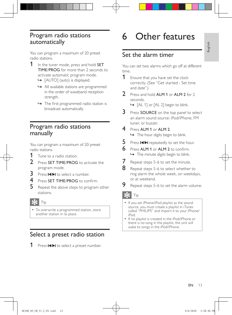 Program radio stations automatically, Program radio stations manually, Select a preset radio station | 6 other features, Set the alarm timer, Select a preset radio station 1 | Philips DC290/05 User Manual | Page 12 / 16