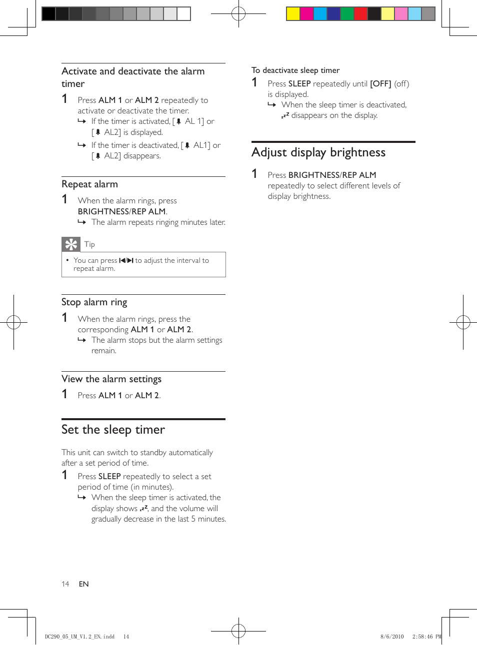 Set the sleep timer, Adjust display brightness, Adjust display brightness 1 | Philips DC290/05 User Manual | Page 13 / 16