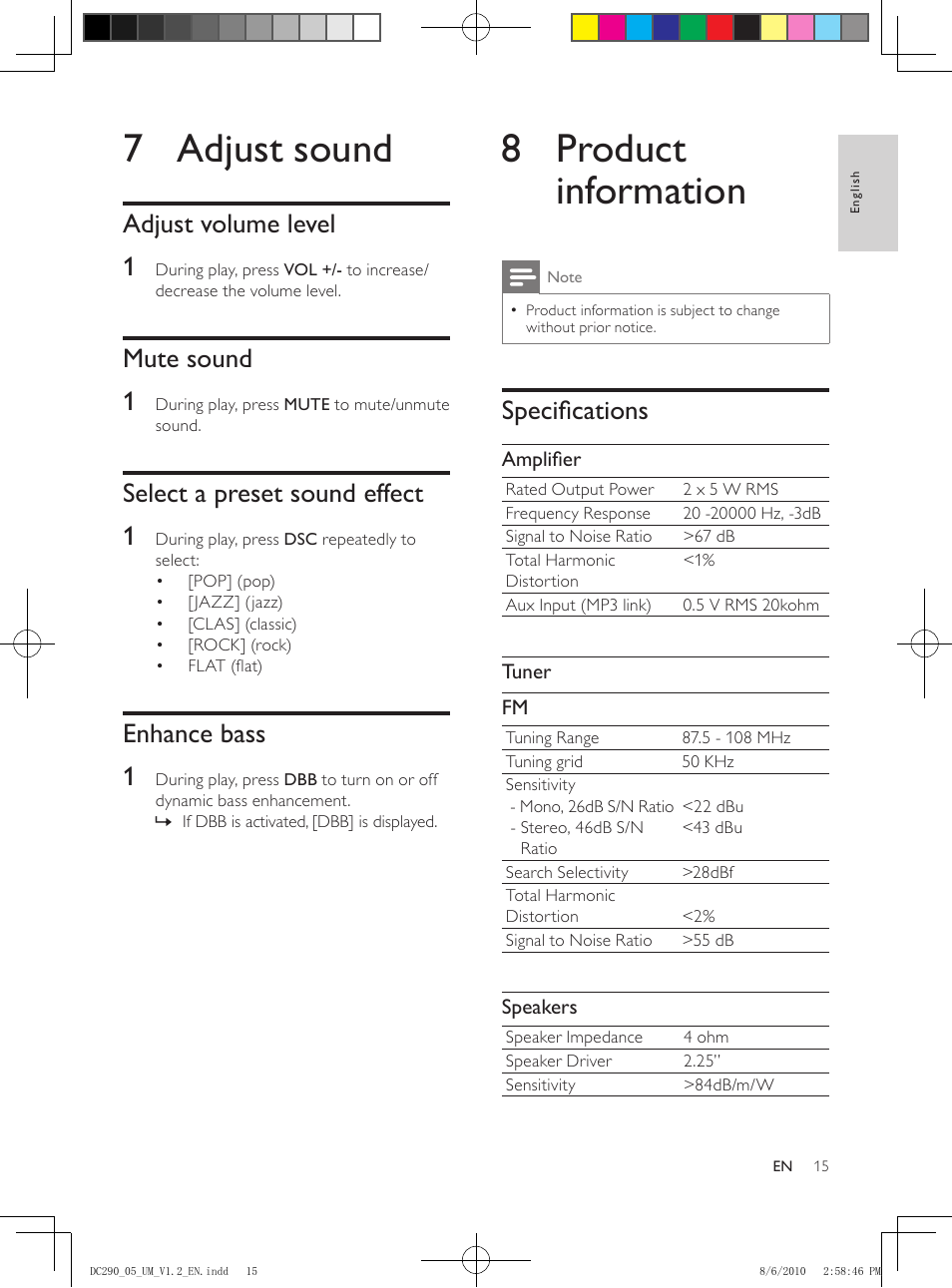 7 adjust sound, Adjust volume level, Mute sound | Select a preset sound effect, Enhance bass, 8 product information, Specifications, Adjust volume level 1, Mute sound 1, Select a preset sound effect 1 | Philips DC290/05 User Manual | Page 14 / 16