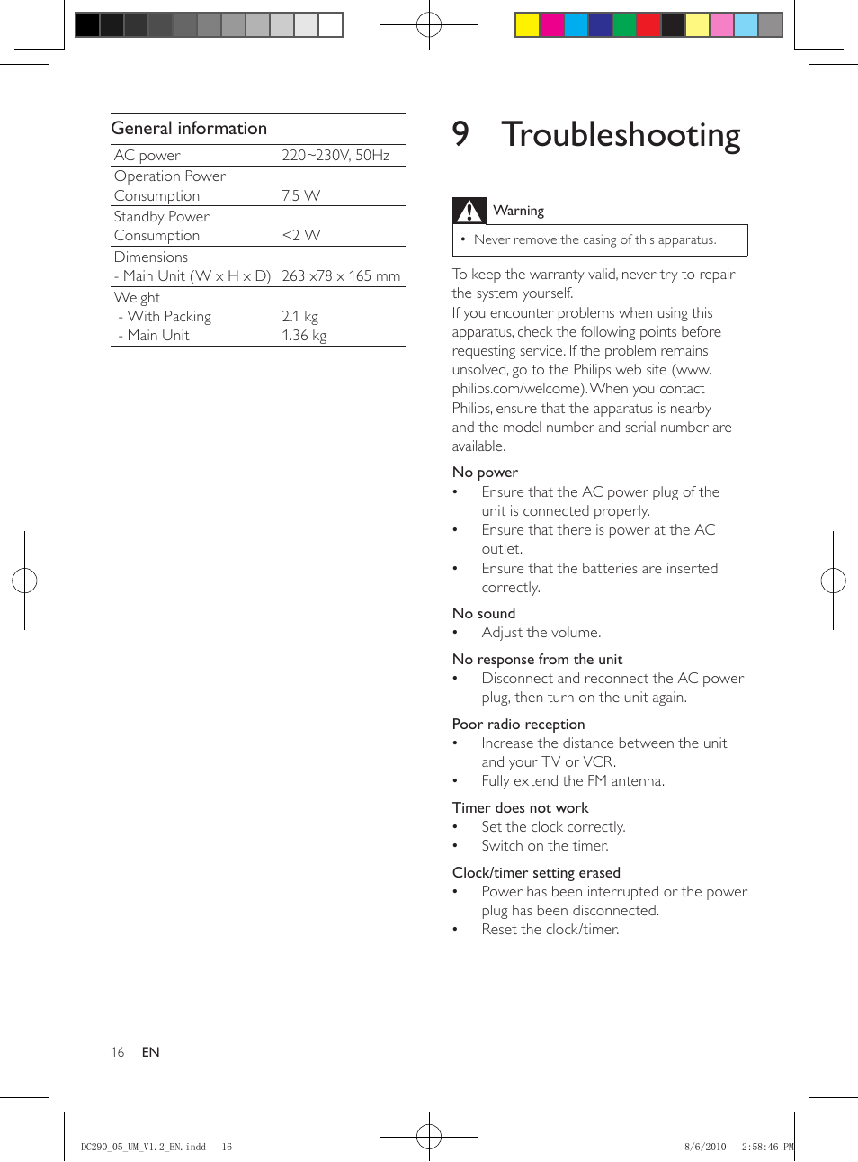 9 troubleshooting, General information | Philips DC290/05 User Manual | Page 15 / 16