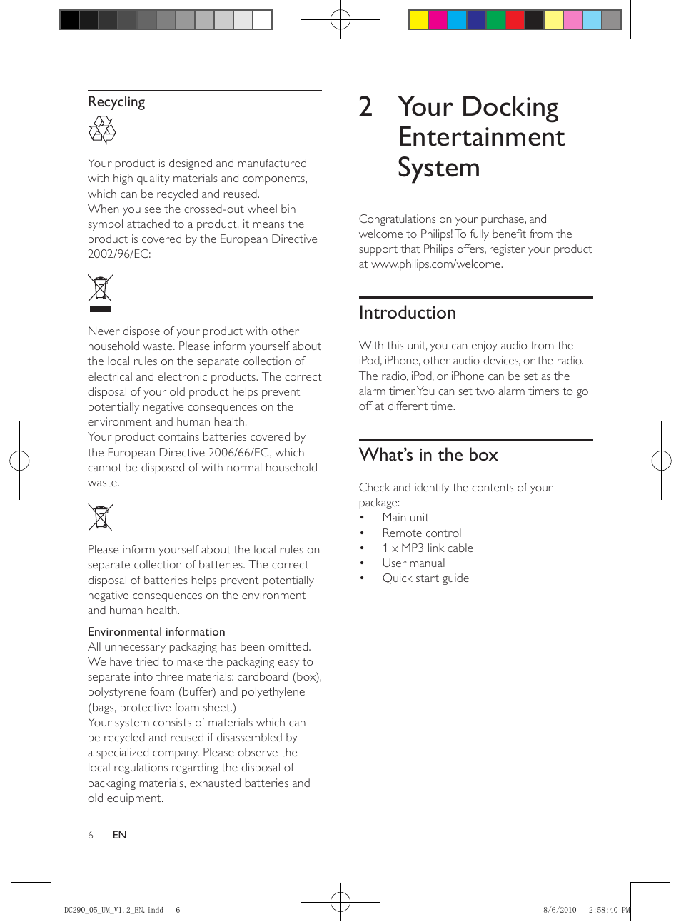 2 your docking entertainment system, Introduction, What’s in the box | Philips DC290/05 User Manual | Page 5 / 16