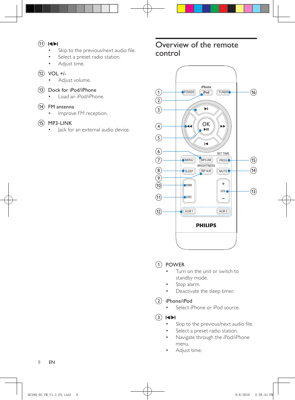 Overview of the remote control | Philips DC290/05 User Manual | Page 7 / 16