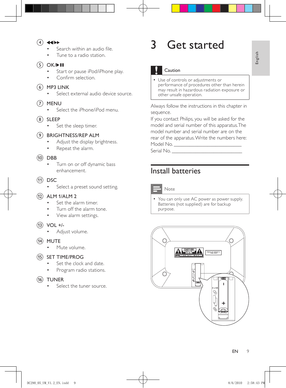 3 get started, Install batteries | Philips DC290/05 User Manual | Page 8 / 16