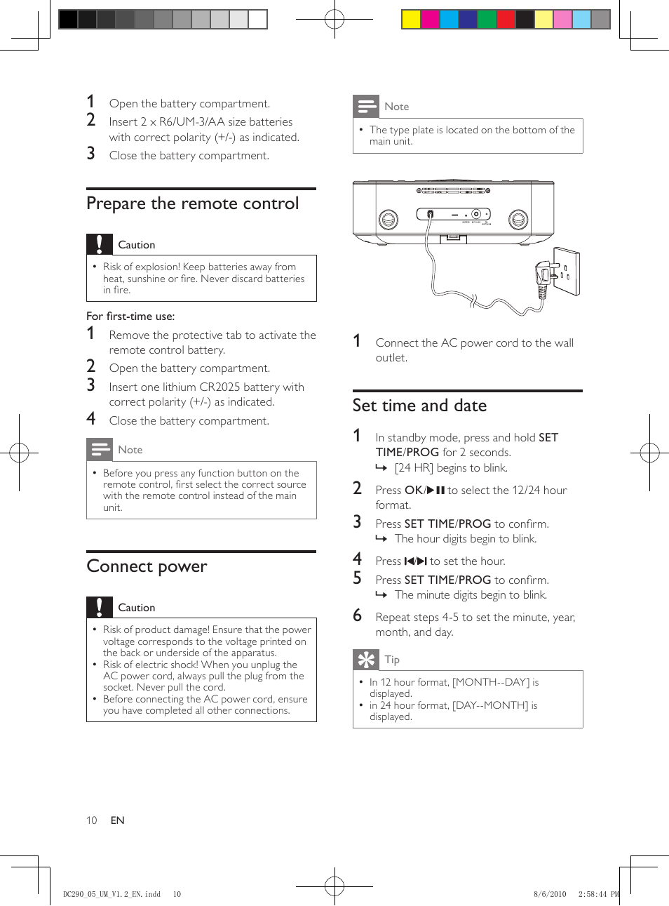 Prepare the remote control, Connect power, Set time and date | Set time and date 1 | Philips DC290/05 User Manual | Page 9 / 16