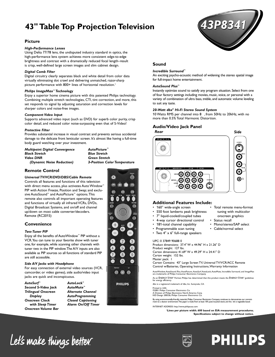 43" table top projection television, Sound, Audio/video jack panel additional features include | Picture, Remote control, Convenience | Philips 43P 8341 User Manual | Page 2 / 2