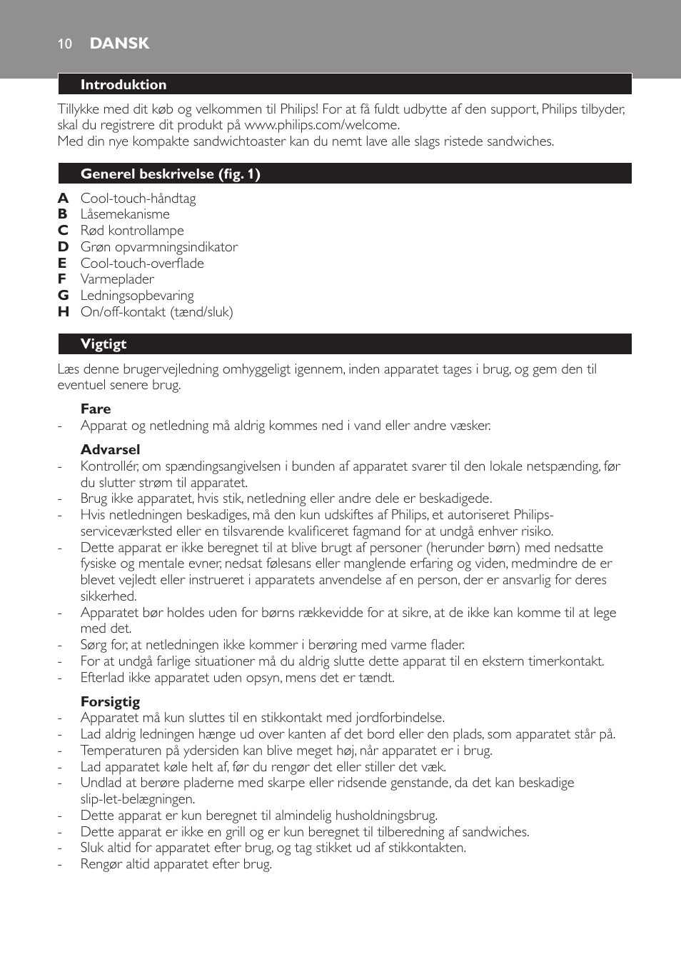 Fare, Advarsel, Forsigtig | Dansk, Introduktion, Generel beskrivelse (fig. 1), Vigtigt | Philips 4222 001 96094 HD2384 User Manual | Page 10 / 60