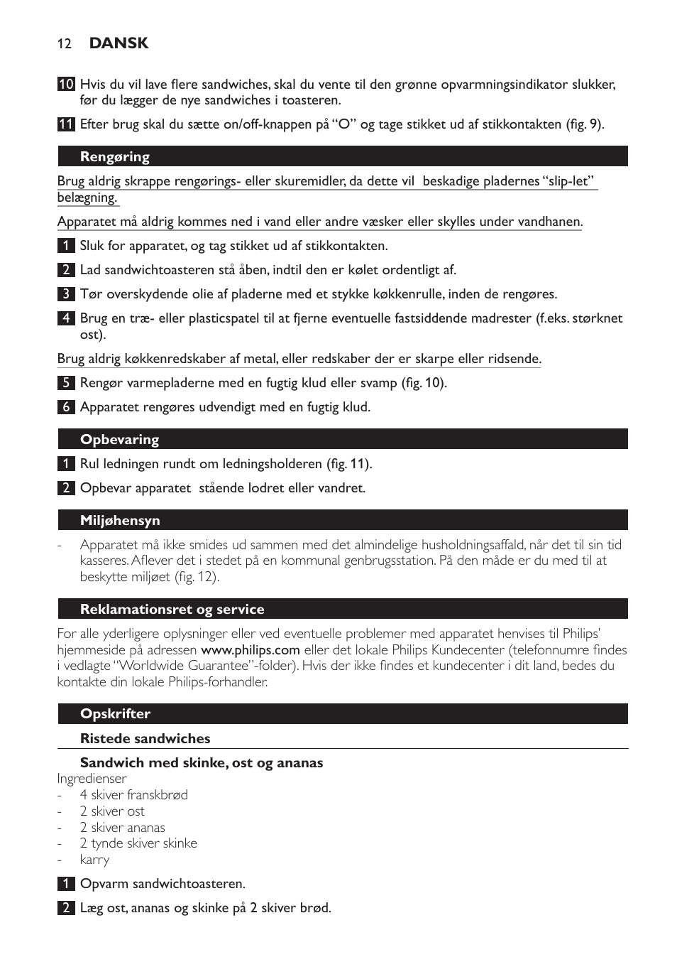 Rengøring, Opbevaring, Miljøhensyn | Reklamationsret og service, Opskrifter, Ristede sandwiches, Sandwich med skinke, ost og ananas | Philips 4222 001 96094 HD2384 User Manual | Page 12 / 60