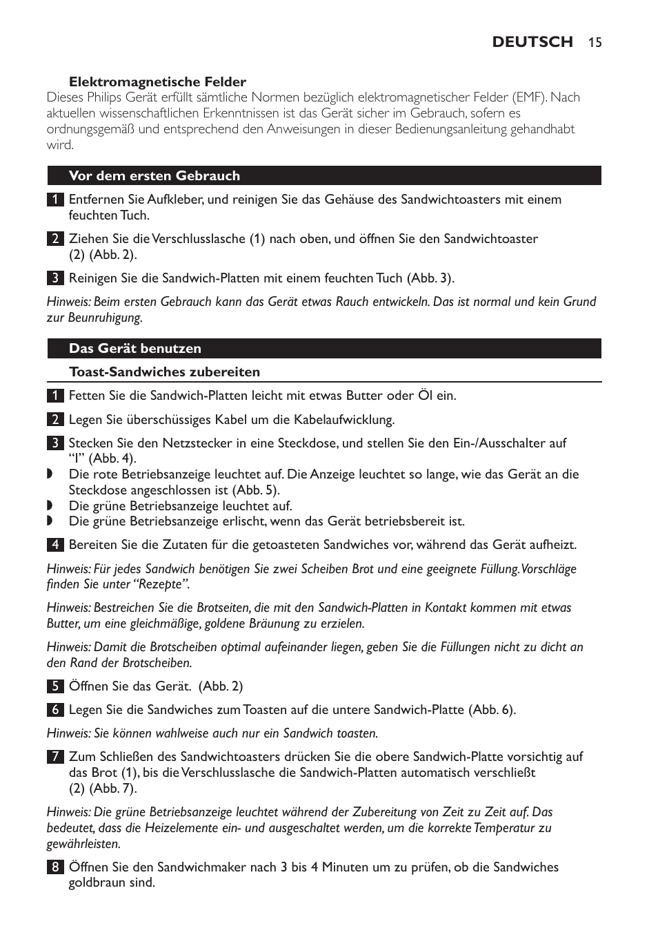 Elektromagnetische felder, Vor dem ersten gebrauch, Das gerät benutzen | Toast-sandwiches zubereiten | Philips 4222 001 96094 HD2384 User Manual | Page 15 / 60