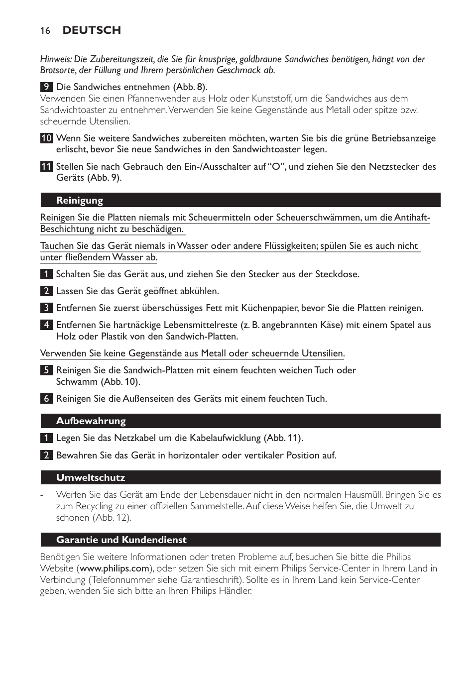 Reinigung, Aufbewahrung, Umweltschutz | Garantie und kundendienst | Philips 4222 001 96094 HD2384 User Manual | Page 16 / 60