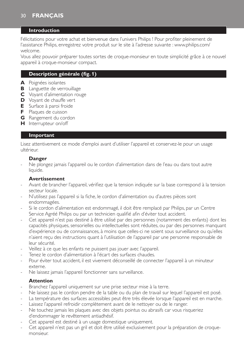 Danger, Avertissement, Attention | Français, Introduction, Description générale (fig. 1), Important | Philips 4222 001 96094 HD2384 User Manual | Page 30 / 60