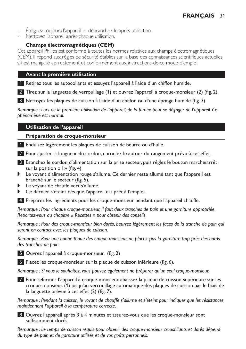 Champs électromagnétiques (cem), Avant la première utilisation, Utilisation de l’appareil | Préparation de croque-monsieur | Philips 4222 001 96094 HD2384 User Manual | Page 31 / 60