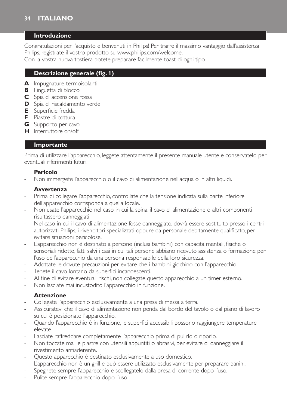 Pericolo, Avvertenza, Attenzione | Italiano, Introduzione, Descrizione generale (fig. 1), Importante | Philips 4222 001 96094 HD2384 User Manual | Page 34 / 60