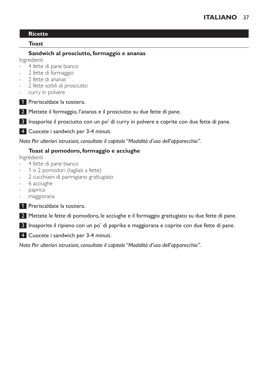 Toast al pomodoro, formaggio e acciughe | Philips 4222 001 96094 HD2384 User Manual | Page 37 / 60