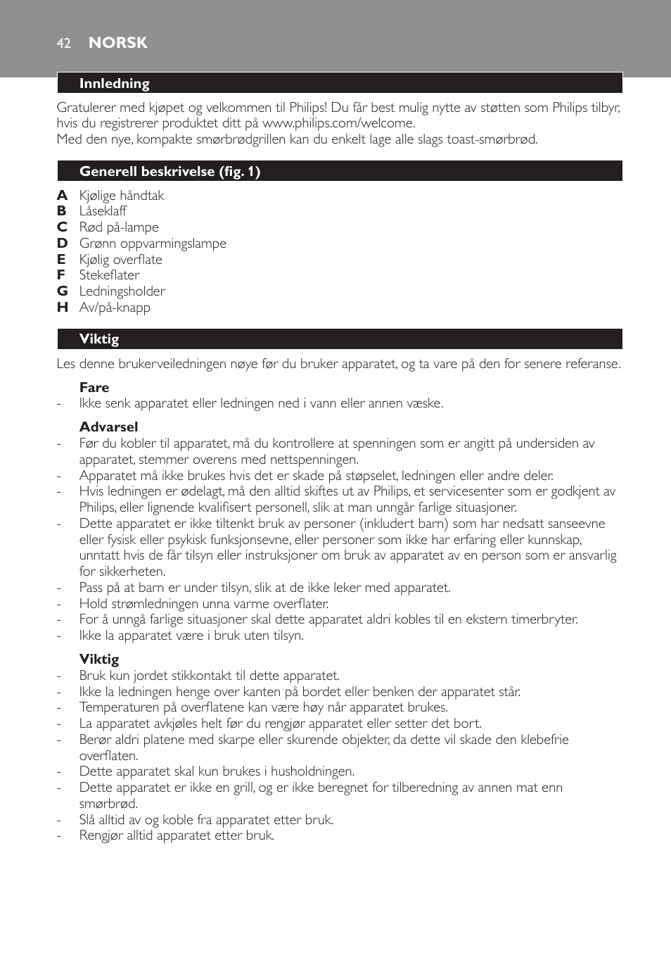 Fare, Advarsel, Viktig | Elektromagnetiske felt (emf), Norsk, Innledning, Generell beskrivelse (fig. 1) | Philips 4222 001 96094 HD2384 User Manual | Page 42 / 60