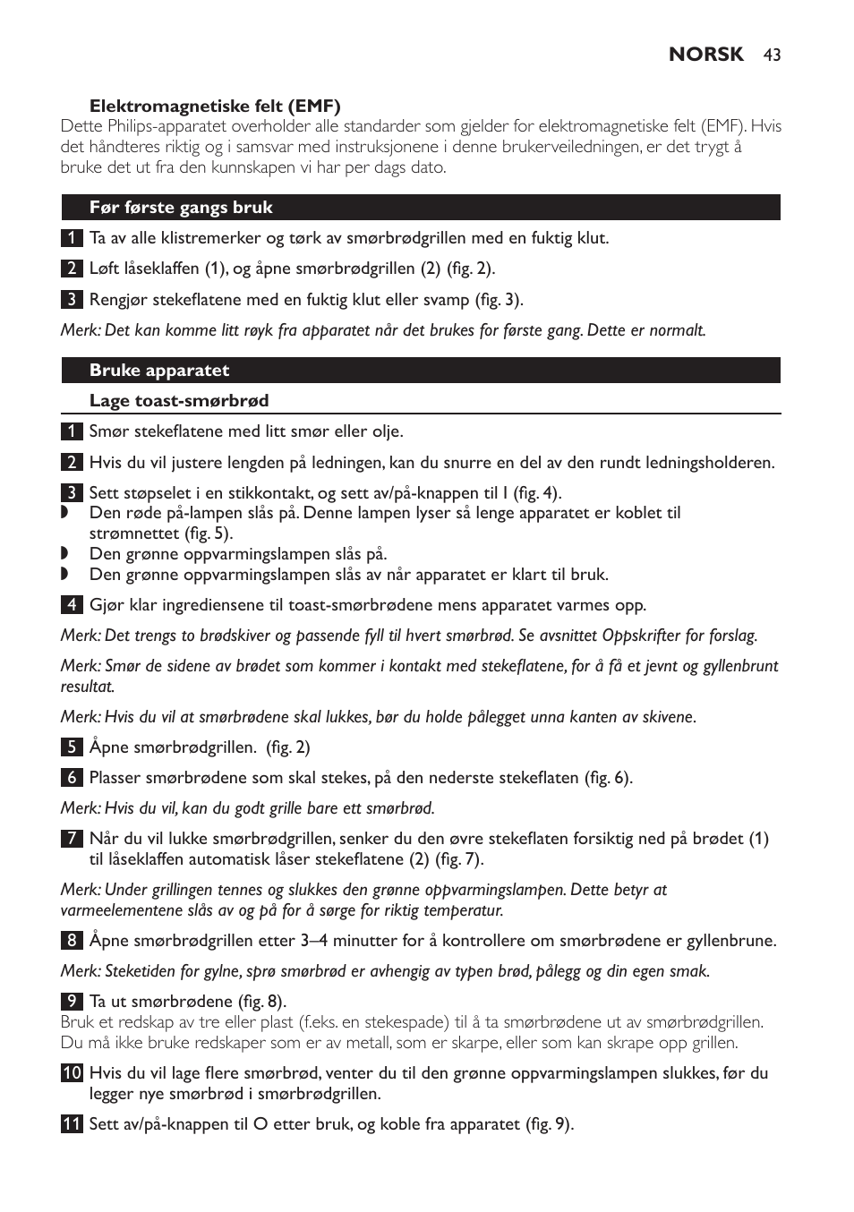 Før første gangs bruk, Bruke apparatet, Lage toast-smørbrød | Vaske | Philips 4222 001 96094 HD2384 User Manual | Page 43 / 60