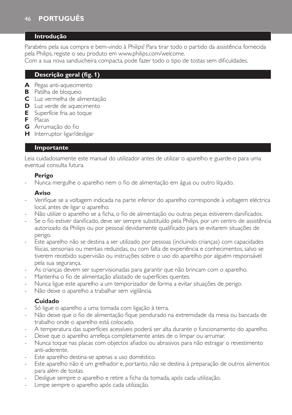 Perigo, Aviso, Cuidado | Português, Introdução, Descrição geral (fig. 1), Importante | Philips 4222 001 96094 HD2384 User Manual | Page 46 / 60