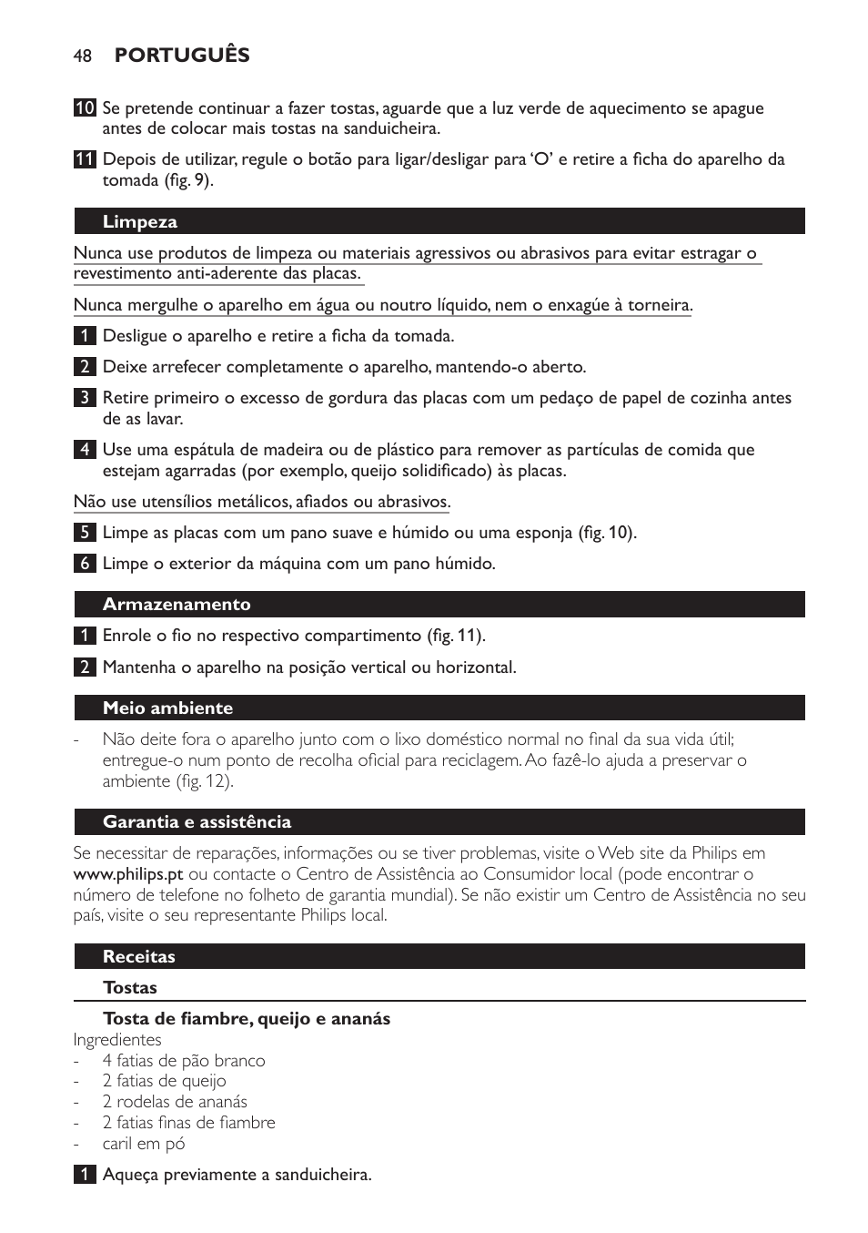 Limpeza, Armazenamento, Meio ambiente | Garantia e assistência, Receitas, Tostas, Tosta de fiambre, queijo e ananás | Philips 4222 001 96094 HD2384 User Manual | Page 48 / 60