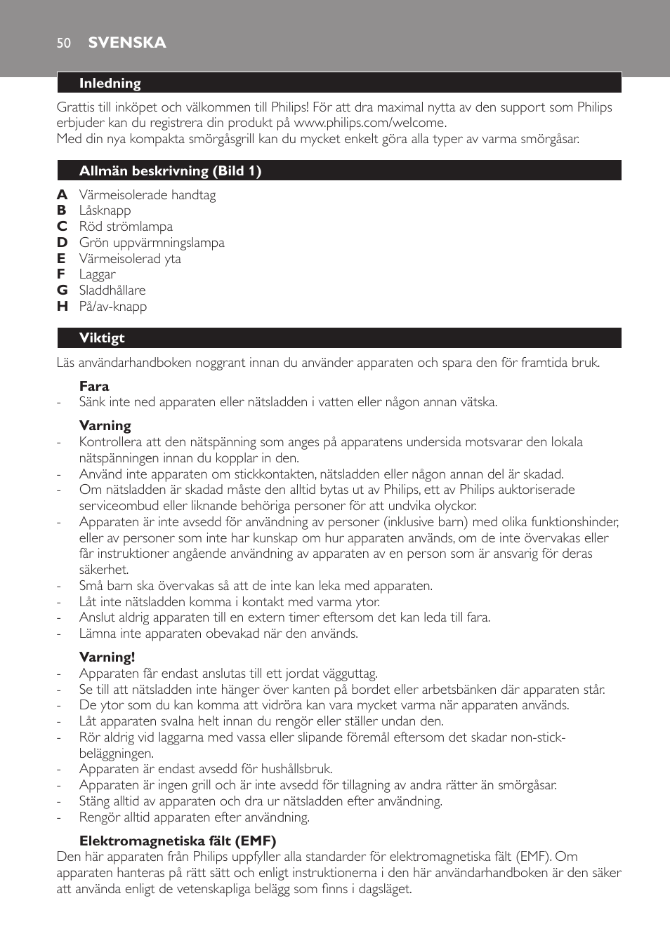 Fara, Varning, Elektromagnetiska fält (emf) | Svenska, Inledning, Allmän beskrivning (bild 1), Viktigt | Philips 4222 001 96094 HD2384 User Manual | Page 50 / 60