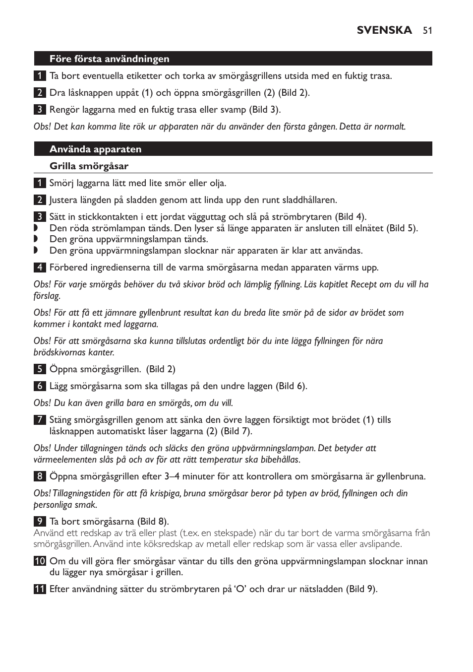 Före första användningen, Använda apparaten, Grilla smörgåsar | Rengöring | Philips 4222 001 96094 HD2384 User Manual | Page 51 / 60