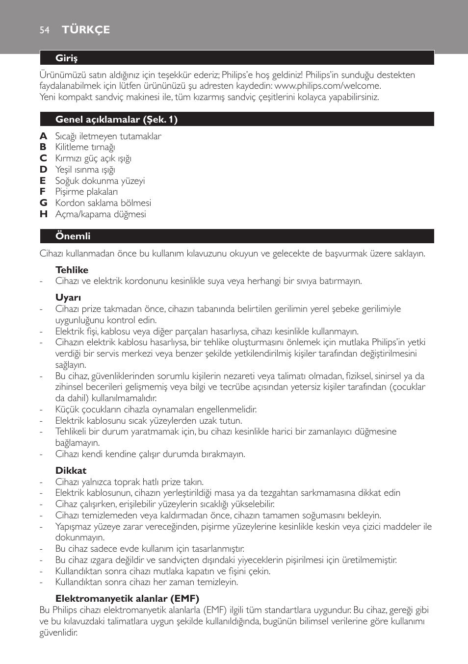 Tehlike, Uyarı, Dikkat | Elektromanyetik alanlar (emf), Türkçe, Giriş, Genel açıklamalar (şek. 1), Önemli | Philips 4222 001 96094 HD2384 User Manual | Page 54 / 60