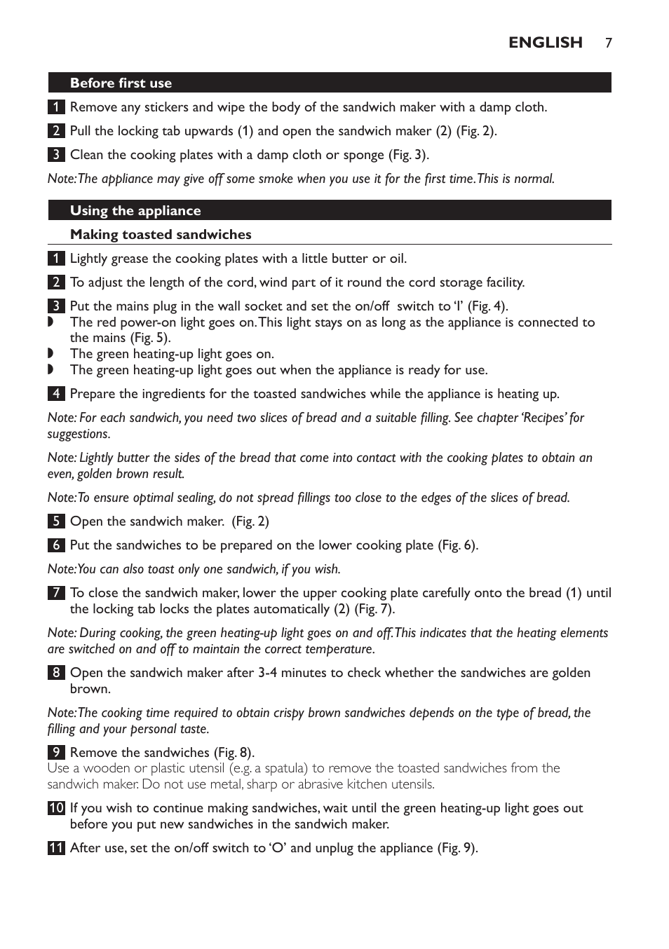 Before first use, Using the appliance, Making toasted sandwiches | Philips 4222 001 96094 HD2384 User Manual | Page 7 / 60