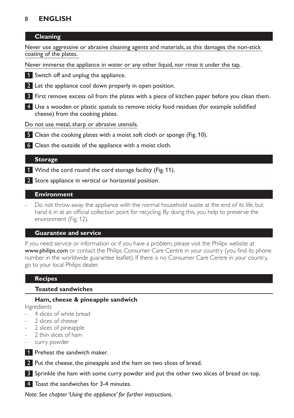 Cleaning, Storage, Environment | Guarantee and service, Recipes, Toasted sandwiches, Ham, cheese & pineapple sandwich | Philips 4222 001 96094 HD2384 User Manual | Page 8 / 60