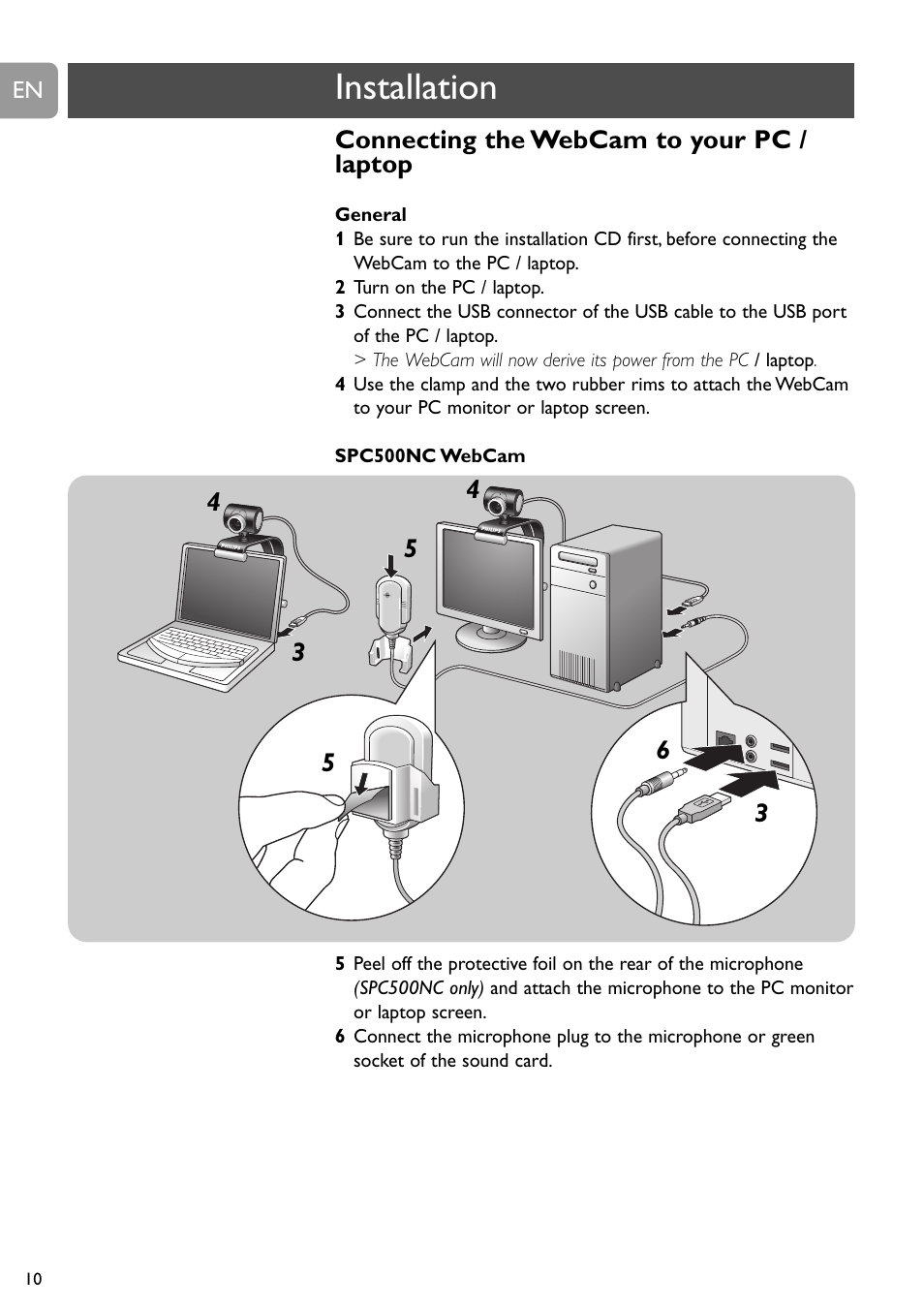 Installation, Connecting the webcam to your pc / laptop | Philips SPC505NC/27 User Manual | Page 10 / 22