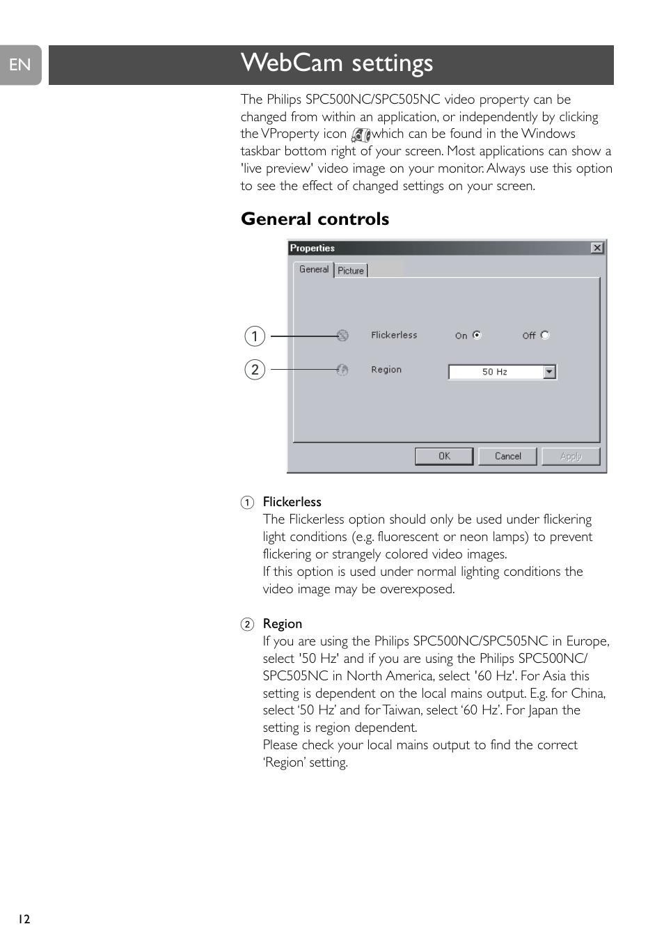 Webcam settings | Philips SPC505NC/27 User Manual | Page 12 / 22