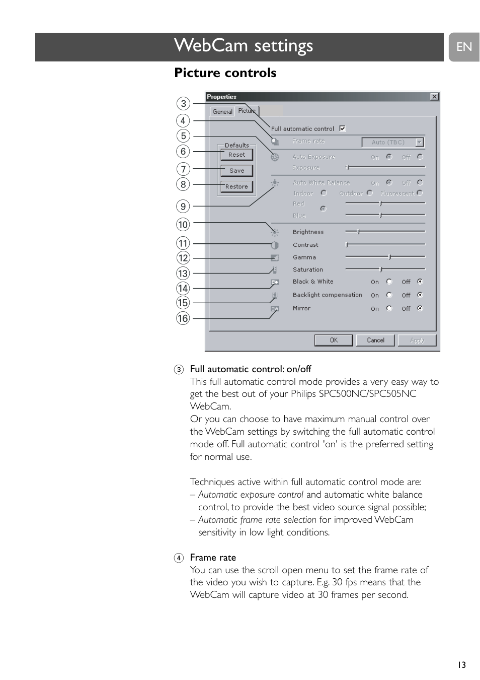 Webcam settings | Philips SPC505NC/27 User Manual | Page 13 / 22